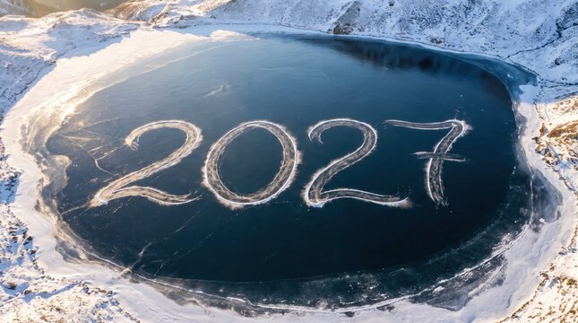 2027 written on frozen lake surface with ice skate tracks for new