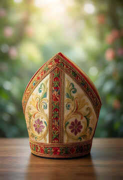 Mitre hat of a bishop, religious authority and catholic tradition, ornate liturgical vestment with gold embroidery on a wooden table in a garden setting
