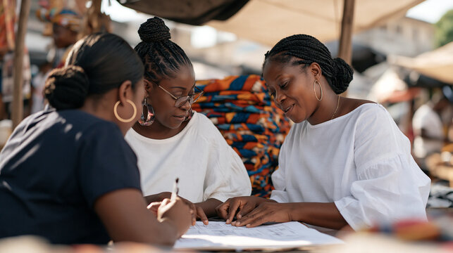 Ghanaian market trader discussing group lending circle terms with a microfinance officer under a shade canopy, each member's repayment share and interest cost written on a shared