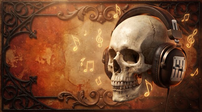 Spooky Halloween background with 3D skull, headphones, and glowing music notes.