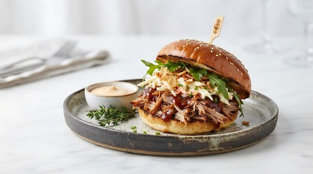 Pulled Pork Burger with Coleslaw and BQ Sauce sandwich