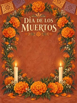 Dia de los Muertos greeting card background with orange marigold flower wreath arrangement, candle light and papel picado banners on a textured rustic brown wall for Mexican holiday celebration design