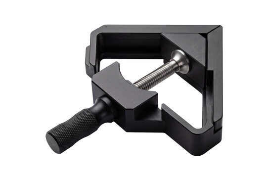Right angle corner clamp for woodworking, black metal 90 degree framing clamp, professional carpentry hand tool isolated on white background