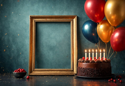Elegant birthday celebration with chocolate cake lit candles and colorful balloons