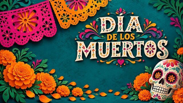 Dia de los Muertos greeting card illustration featuring a decorative sugar skull, vibrant marigold flowers, and colorful papel picado bunting against a dark textured background for holiday memorial