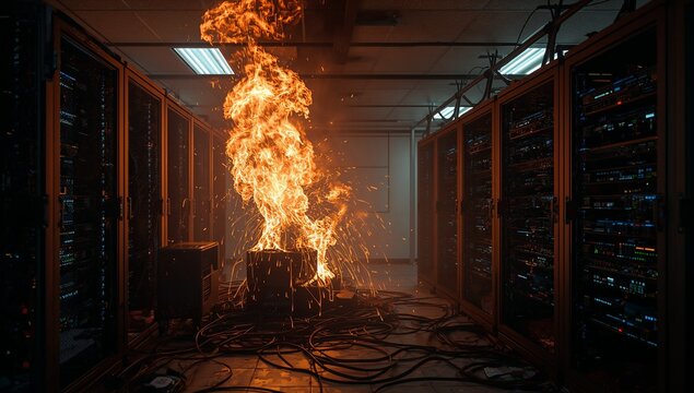 A dramatic fire erupting in a modern server room with rows of computer equipment and data racks