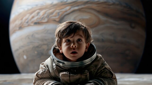 Jeune enfant astronaute &eacute;merveill&eacute; devant une immense plan&egrave;te gazeuse