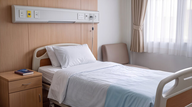 Modern hospital room with empty adjustable bed and medical wall console. Clinical healthcare facility interior for patient recovery and treatment.