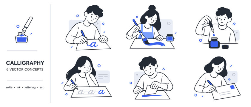 Calligraphy activity scenes with people writing and painting