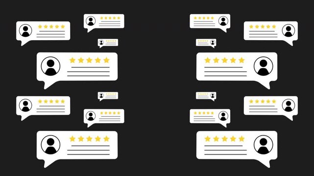 Review bubbles emerge from left and right with different shapes, five stars, and user avatars. Ideal for messaging UI, feedback systems, and testimonials