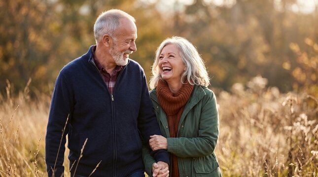 Smiling senior couple walking together happily outdoors during autumn sunset