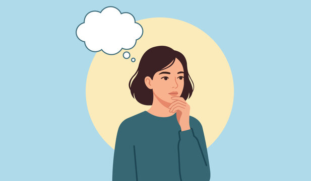 Thoughtful woman thinking with empty bubble for concepts vector illustration