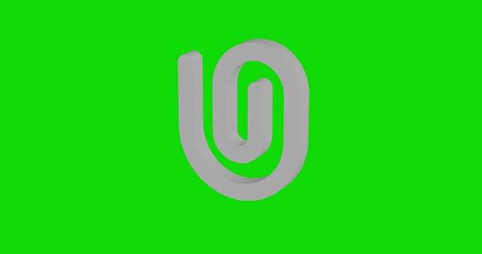 White paperclip symbol spinning around its vertical axis on a green screen background. Seamless looped 4k 3d animation, chroma key