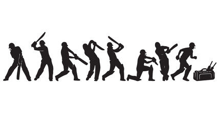 Fototapeta premium Cricket player silhouettes set, professional batsmen in action poses, black sport athlete vector icons for tournament branding
