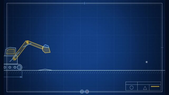 Blueprint Style Animation of Various Heavy Construction Machinery Working on a Project Site