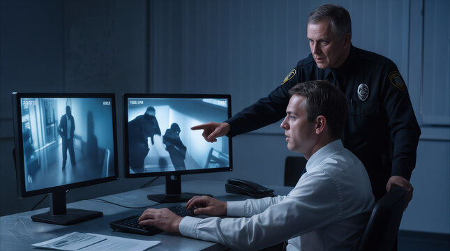 Law enforcement officer and detective monitoring surveillance footage in dark control room. Police investigation and security monitoring process.