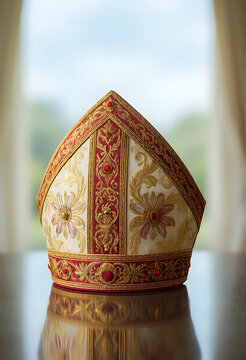 Catholic bishop mitre, religious authority and ecclesiastical tradition, ornate liturgical vestment with gold embroidery and red jewels on wooden table