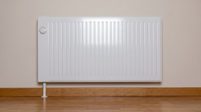 Modern white central heating radiator mounted on a beige wall above a wooden floor