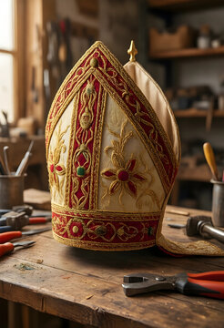 Religious tradition and craftsmanship, ornate bishop mitre with gold embroidery on a wooden workbench in a traditional artisan workshop for church vestments