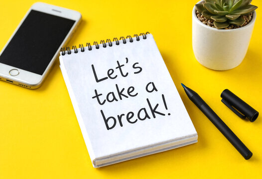 Person taking break with smartphone notebook pen and small plant
