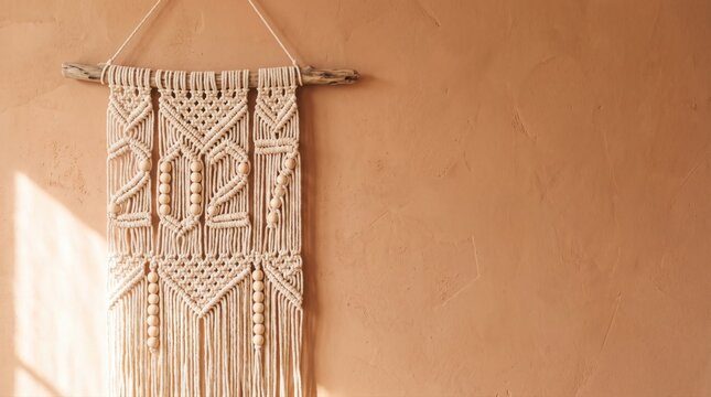 Handmade macrame wall hanging with number 2027 woven in cotton rope
