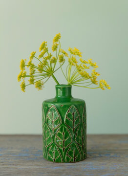 Still life of wild fennel flowers in ceramic vase, studio shot.
