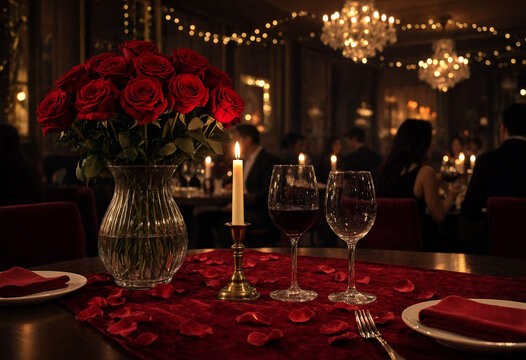 Romantic dinner table setting with red roses candlelit ambiance elegant restaurant decor