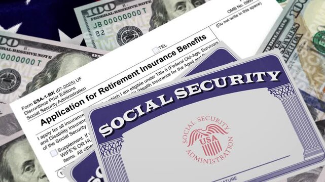 Social security cards with retirement insurance benefits application, dollar bills, American flag in the background. Social security benefits card with 100 dollar bill. USA people, retirees, finance