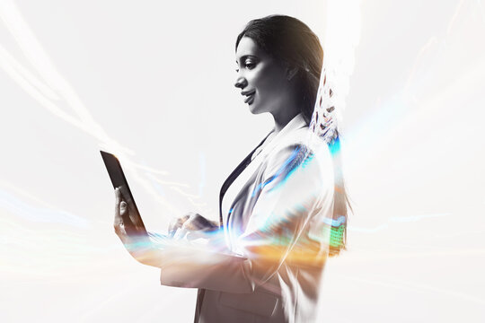 Businesswoman with a laptop searching for the right information. Business analytics and strategy. Searching for a business concept for the digital and cyber sectors.