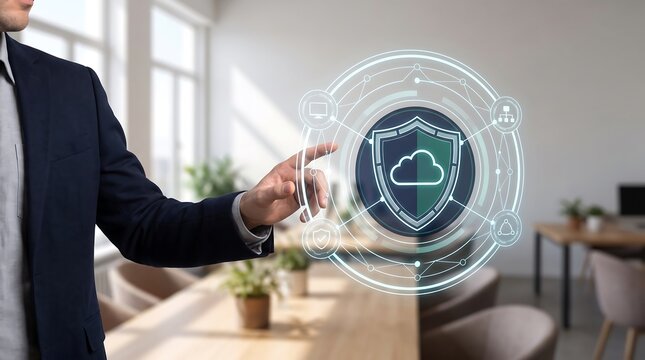 Businessman Pointing at Cloud Cyber Security Shield Hologram in Modern Office, Enterprise Data Protection Concept