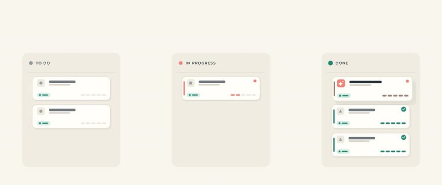 Wide kanban board with a task card advancing to done