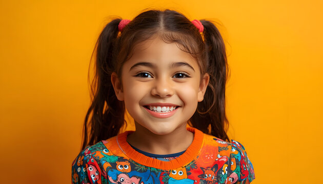 Smiling Young Girl with Pigtails in Colorful Dress on Orange Background