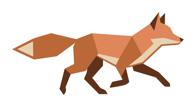 a stylized geometric fox in warm orange and brown tones, dynamically posed in motion, showcasing a modern design aesthetic against a clean white background