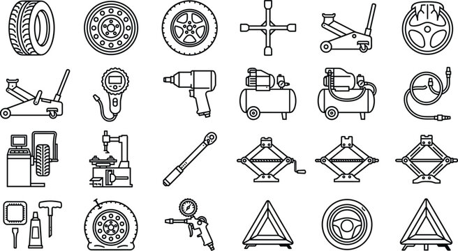 Car tire service and auto repair workshop line icons set featuring garage mechanic tools
