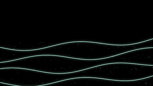 Glowing neon green wave lines on black background. Digital tech background