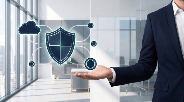 Businessman Presenting Cyber Security Shield Hologram in Modern Office, Enterprise Data Protection Concept