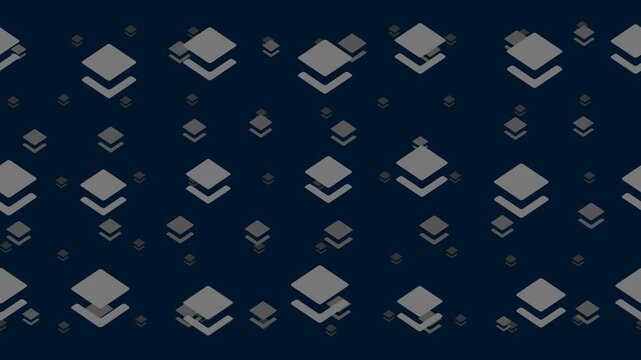 Layers symbols drift from left to right in three parallax layers, scattered at random. Seamless looped 4k animation on dark blue background