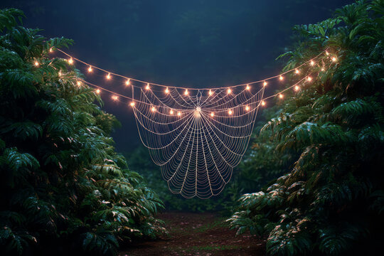 Large spider web made from glowing string lights between lush tropical plants in a dark forest setting