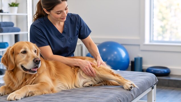 Young Caucasian woman veterinarian massaging a golden retriever dog's hind leg on an examination table during a physical therapy session in a bright veterinary clinic