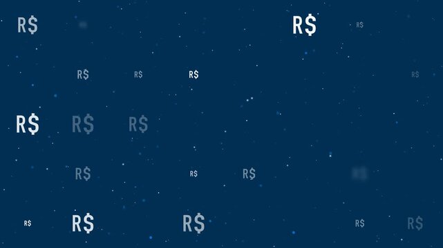 Evenly spaced brazilian real symbols of different sizes grow, shrink and fade. Seamless looped 4k animation on dark blue background with stars