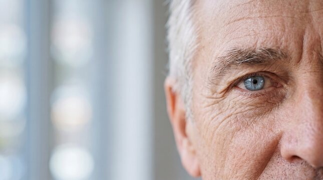 Extreme close up portrait of mature man blue eye