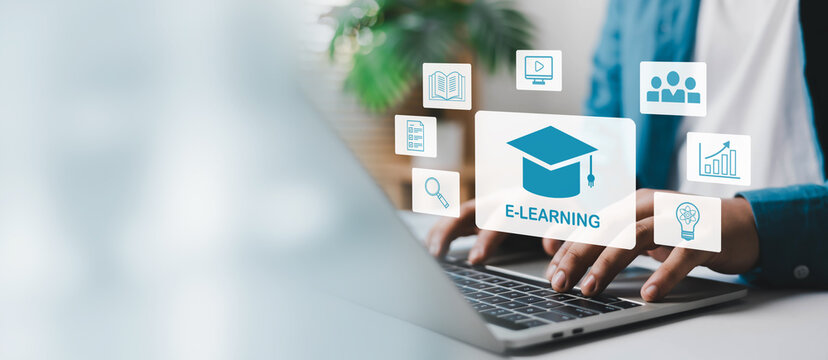 E-learning concept showing a professional using a laptop with digital education, online course, video, research, student, and analytics icons for modern training and skill development.