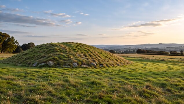 A large, grass-covered burial mound, also known as a barrow or tumulus, is situated in a green field with stones visible around its base, illuminated by a soft sunset under rolling hills and clouds
