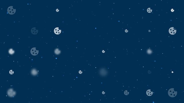 Evenly spaced cookie symbols of different sizes grow, shrink and fade. Seamless looped 4k animation on dark blue background with stars