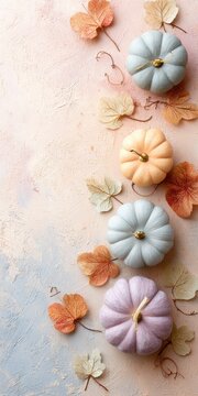 Autumnal arrangement with mini pumpkins and dried leaves on a textured background