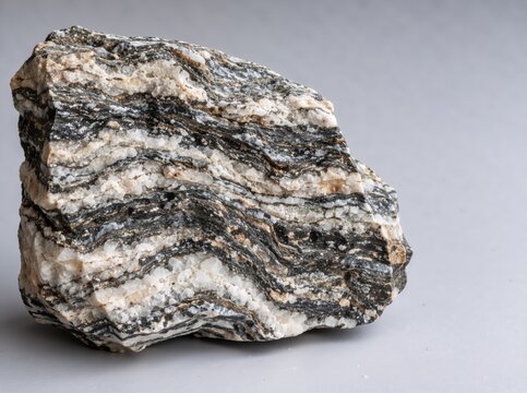 Close-up of a banded gneiss metamorphic rock specimen with distinct layers of white, black, and grey minerals on a light grey background