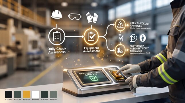 Industrial worker uses a digital control panel to perform a daily safety equipment inspection