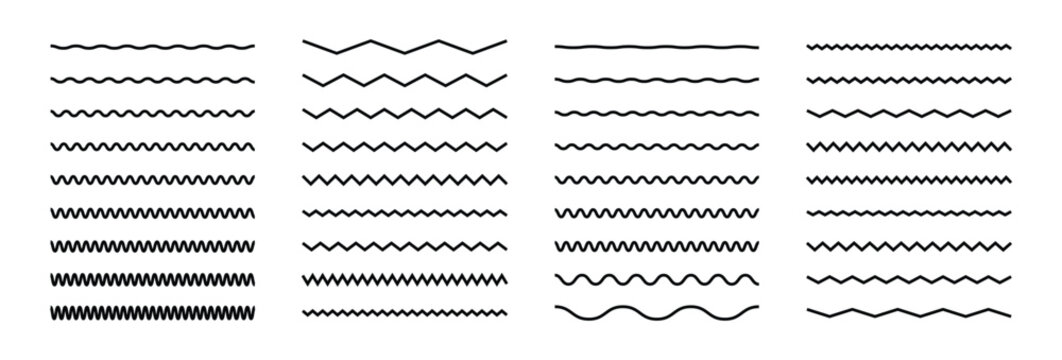Collection of wavy or zigzag lines. Horizontal thin lines wave. smooth wavy horizontal underlines, and minimal graphic motifs illustrated in a fresh contemporary style.