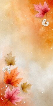 Watercolor autumn leaves background with orange and yellow foliage