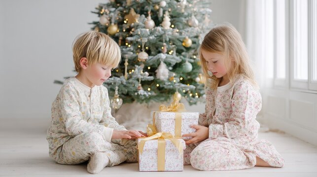 Joyful children unwrapping gifts by the christmas tree in cozy pajamas